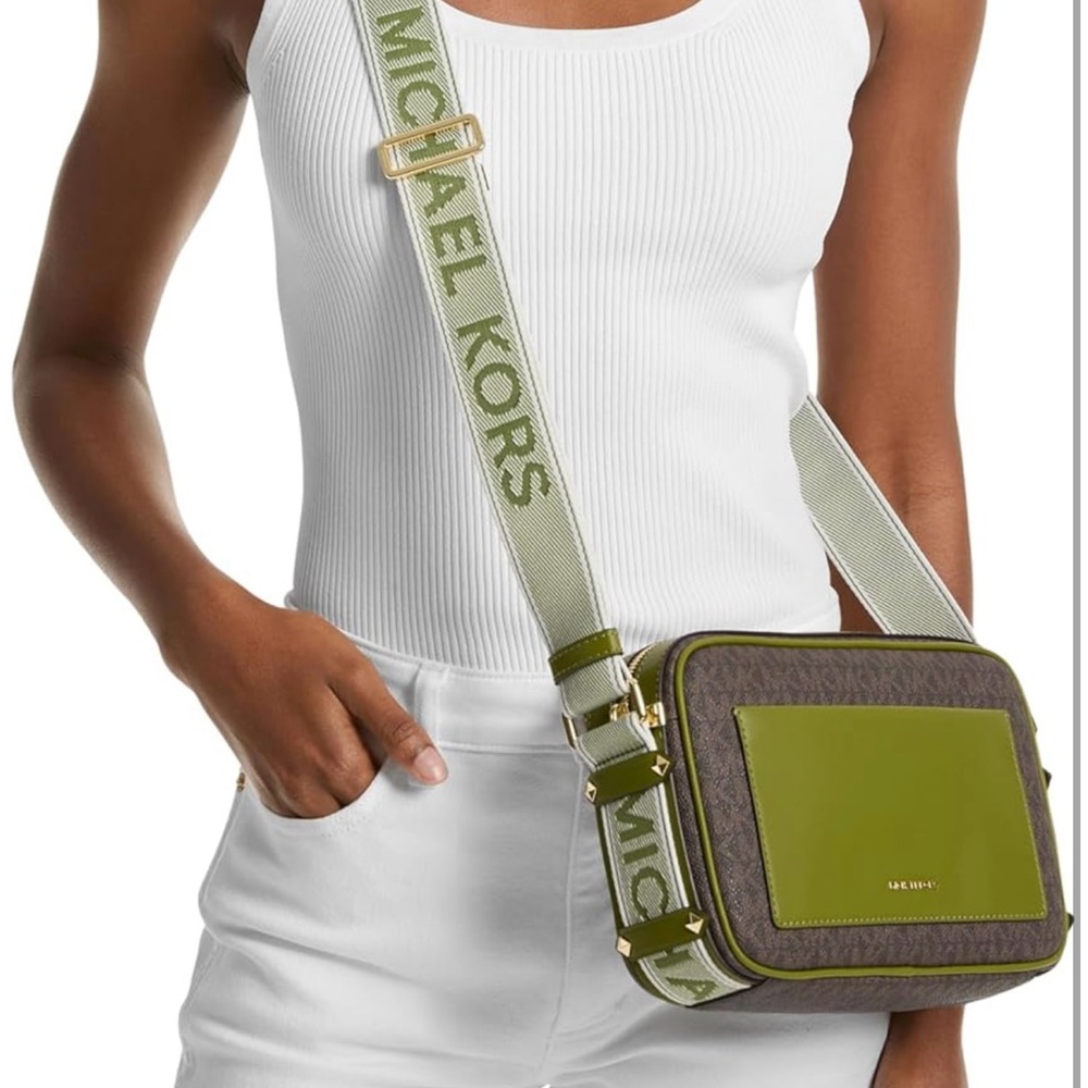 Michael Kors Brown MK Logo Crossbody with Olive Green Front Pocket - Picture 2 of 6